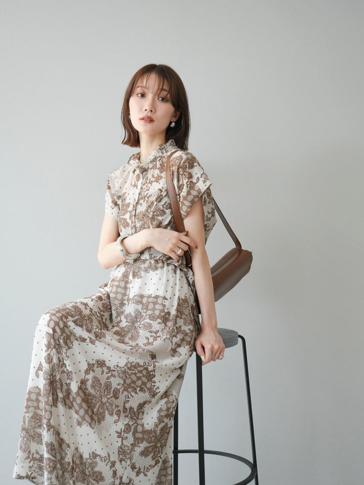 [SET] 花朵圖案法式袖襯衫 + 花朵圖案喇叭裙 (2 套)