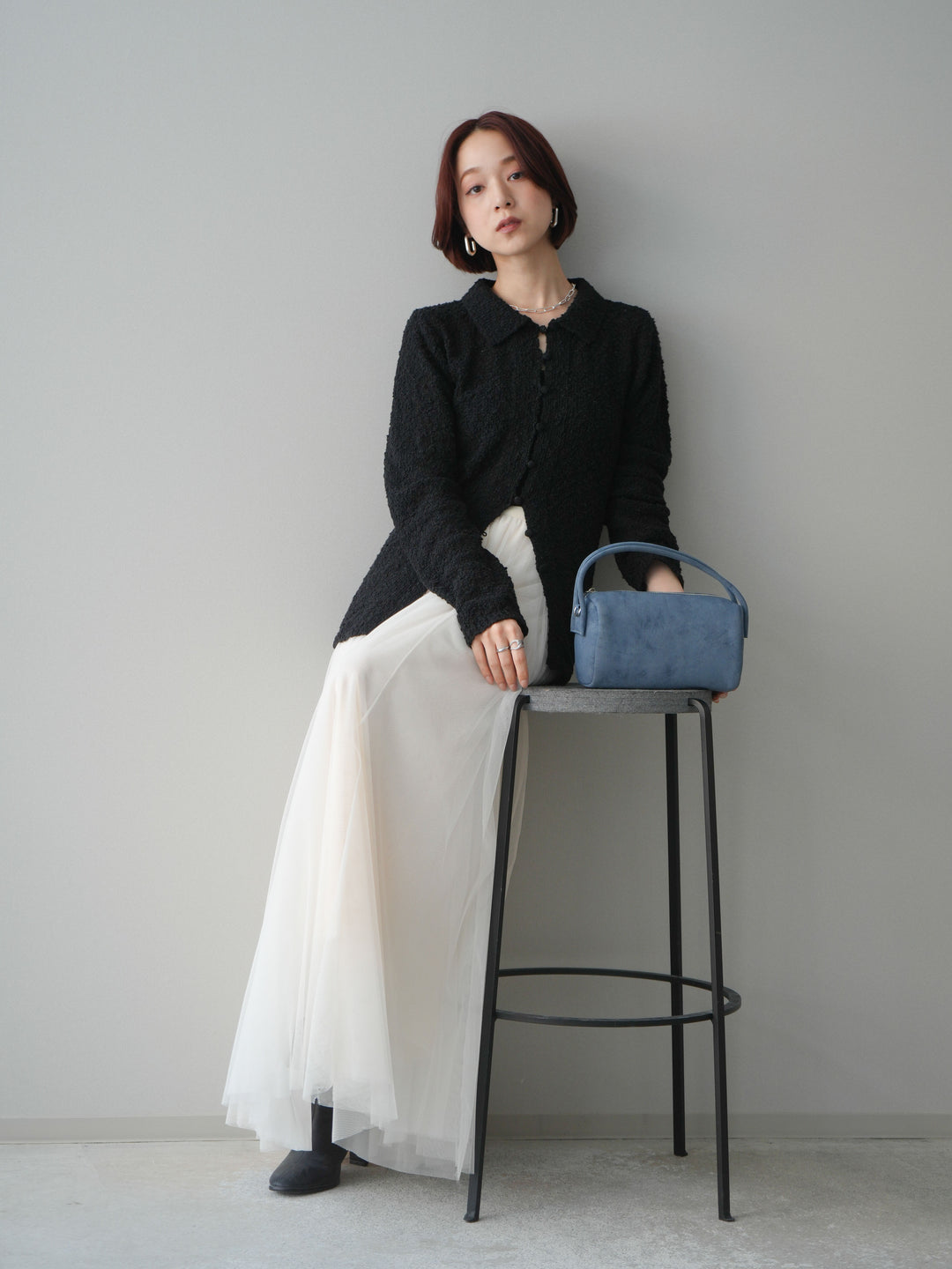 [SET]透かし編みブークレポロニットトップス+選べるアクセセット(2set)