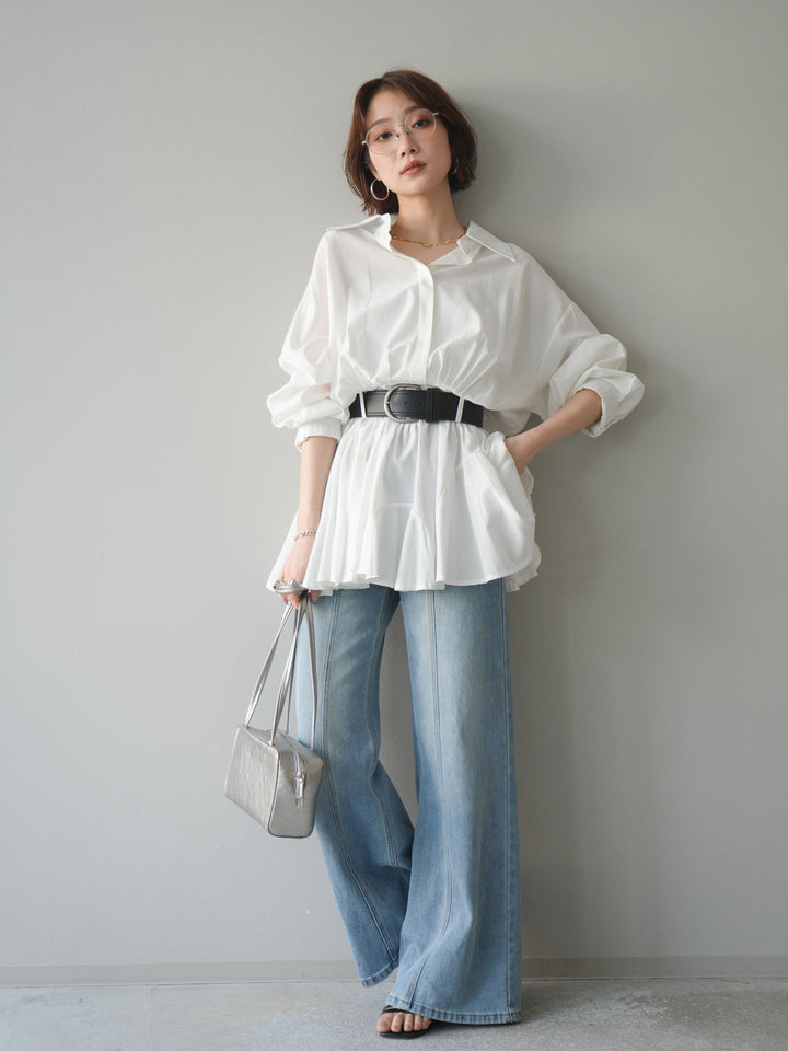 【預購】繫帶喇叭襯衫迷你洋裝 / 白色