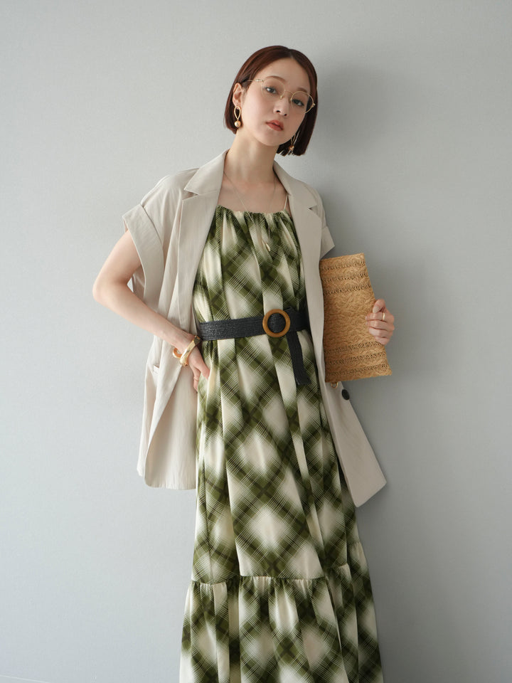 [SET]ベルト付チェックノースリーブワンピース+リネンライクノースリーブダブルジレ(2set)