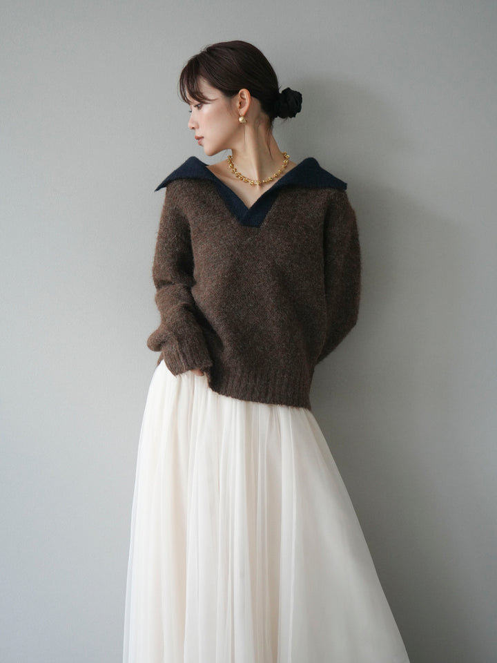 [予約]バイカラー襟付きニットプルオーバー/brown