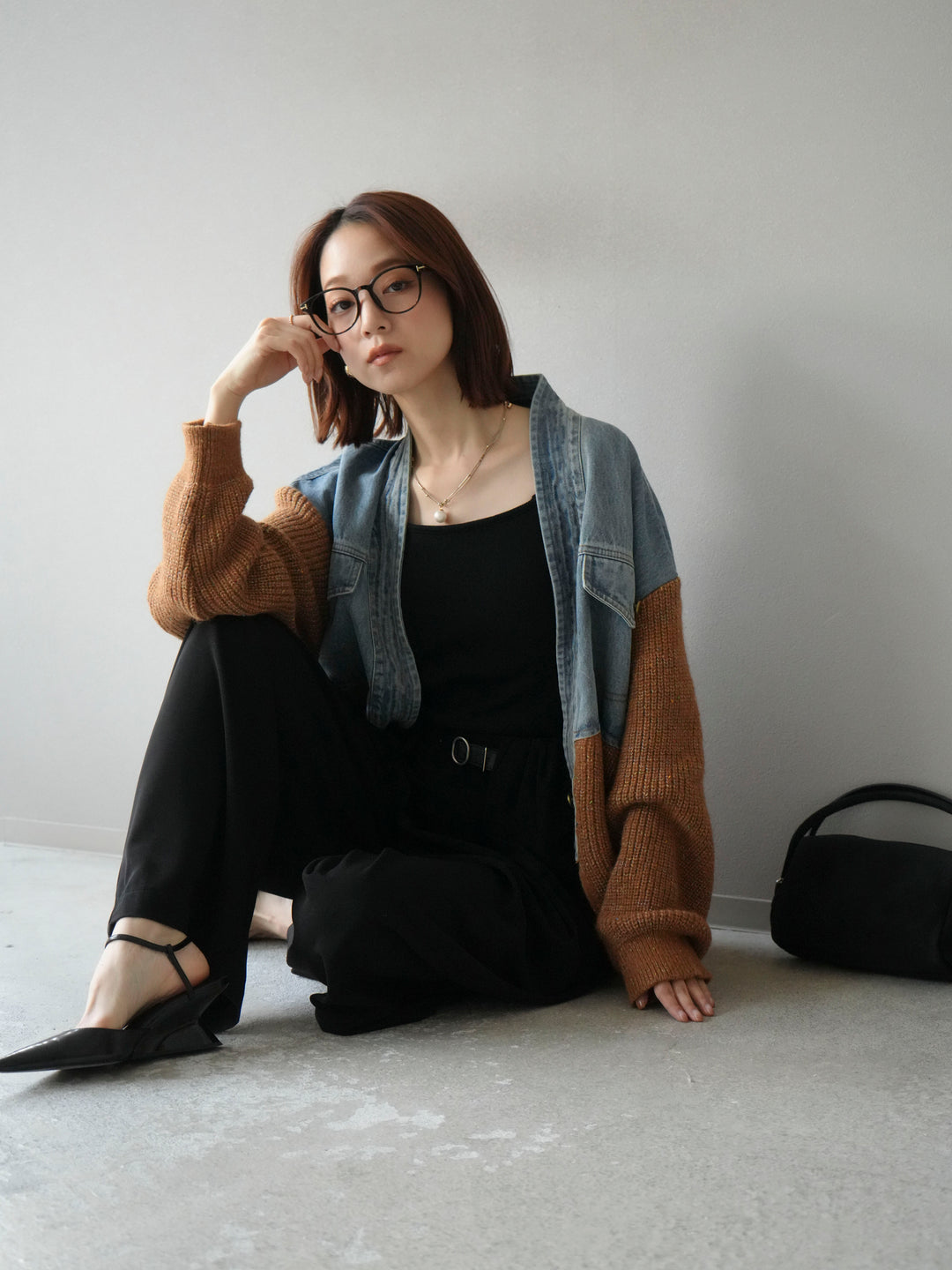 [予約]デニム切替ネップニットカーディガン/キャメル