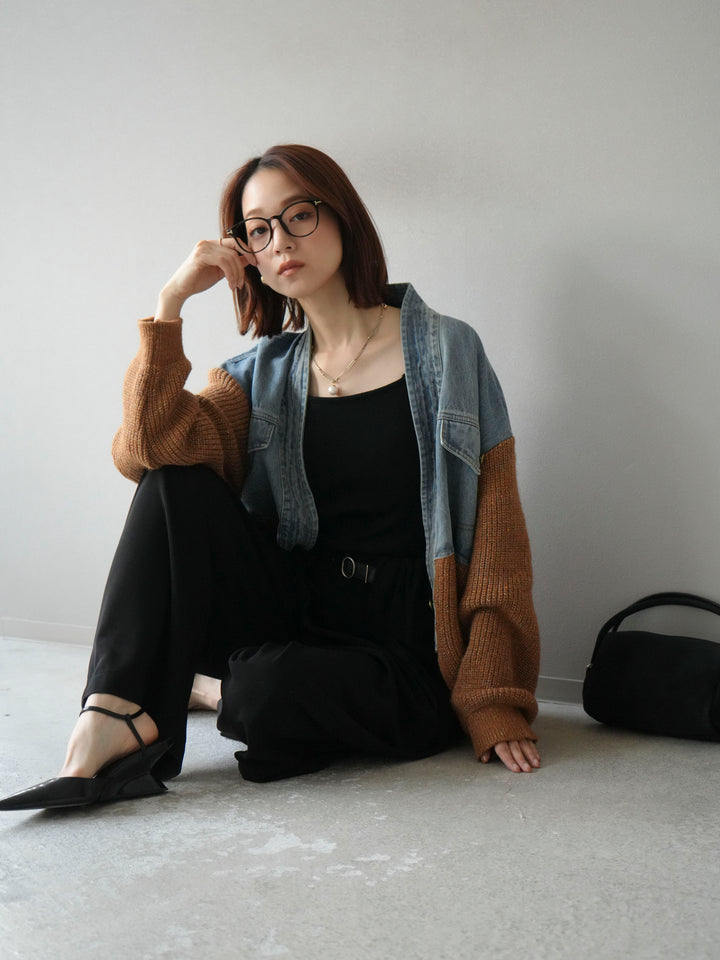 [予約]デニム切替ネップニットカーディガン/キャメル