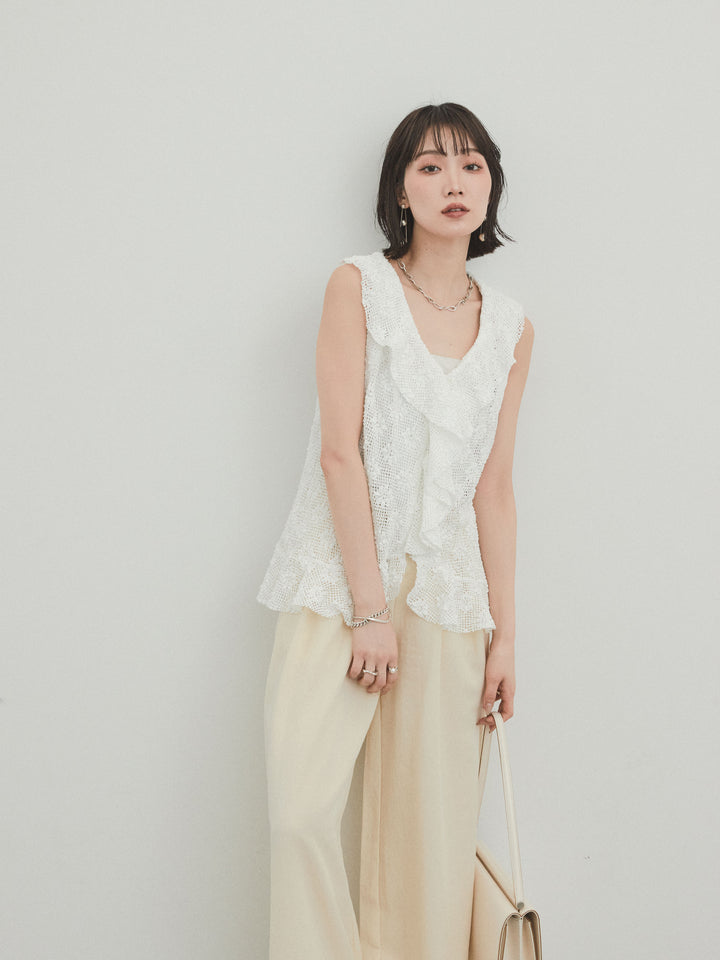 [SET]テープヤーンラッフルノースリトップス+リネンタッチタックワイドパンツ (2set)