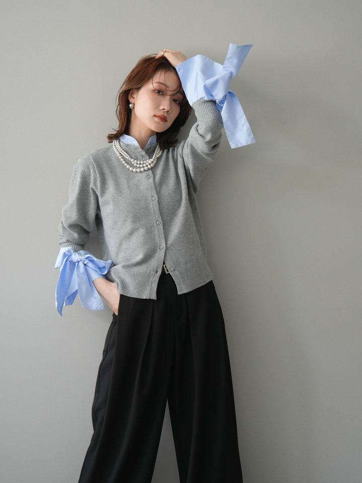 [予約]ウールライクリボンシャツカーディガン/gray