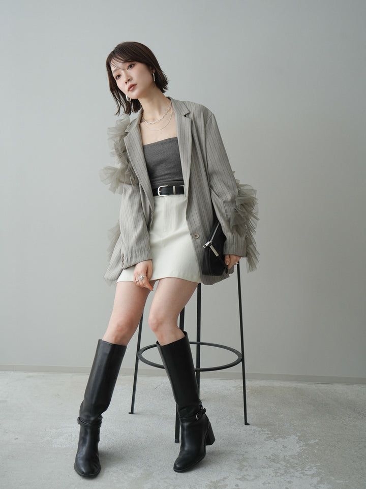 [予約]アシンメトリーチュールストライプジャケット/greige