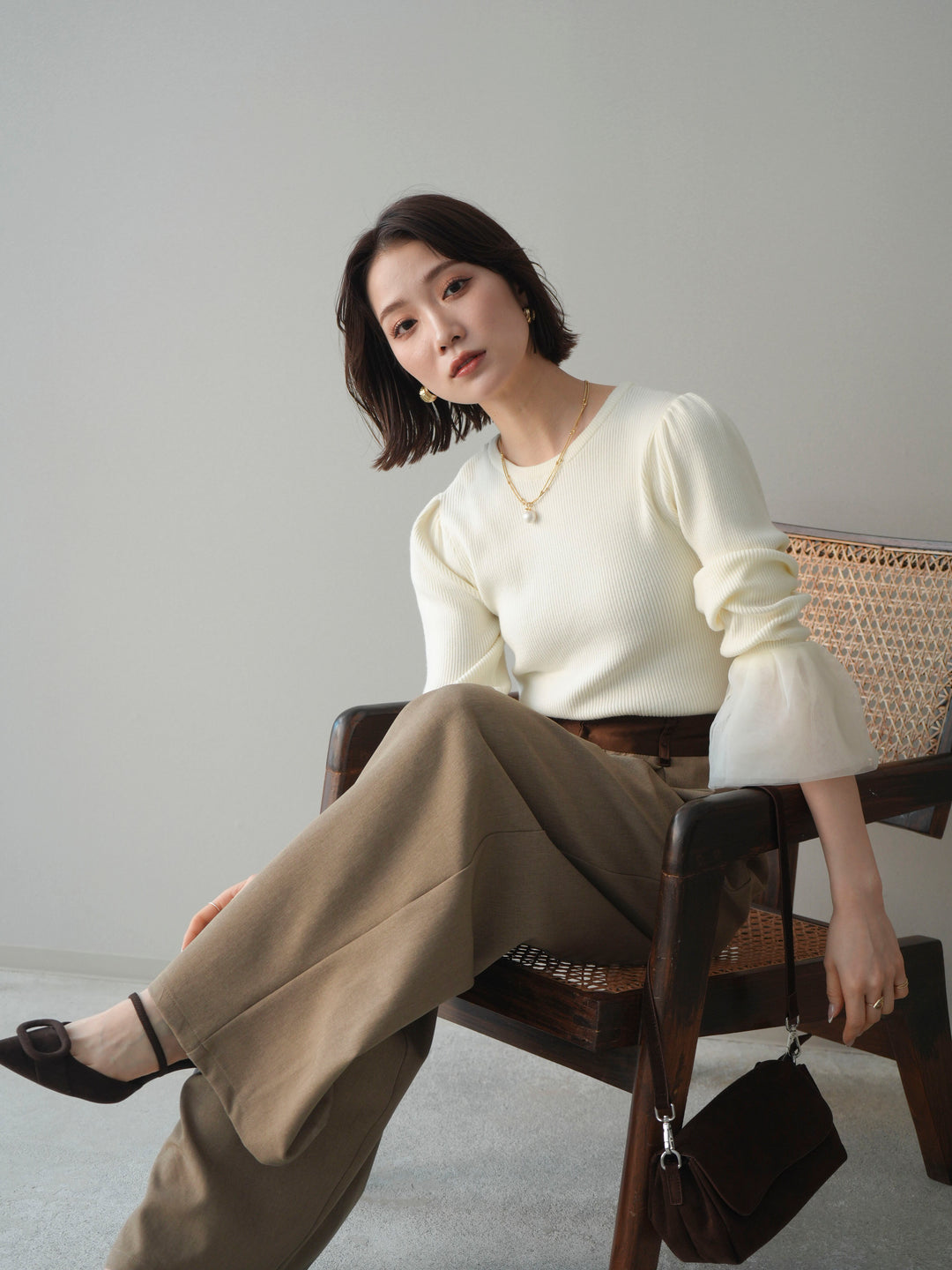 [SET]袖チュールパワショルリブニットトップス+袖チュールパワショルリブニットトップス(2set)