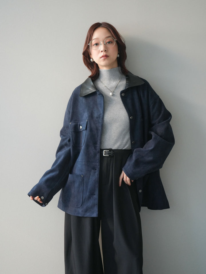 [SET]襟レザーステンカラースエードジャケット+袖ボタンボトルネックリブニットトップス+ベルトループデザインワイドパンツ(3set)