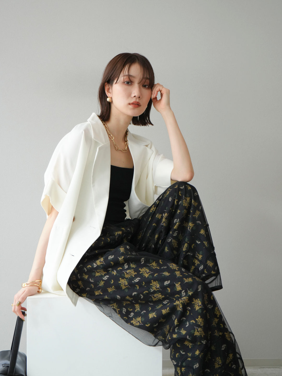 [SET]コード刺繍チュールレイヤードパンツ+ブーケプリントタックパンツ(2set)