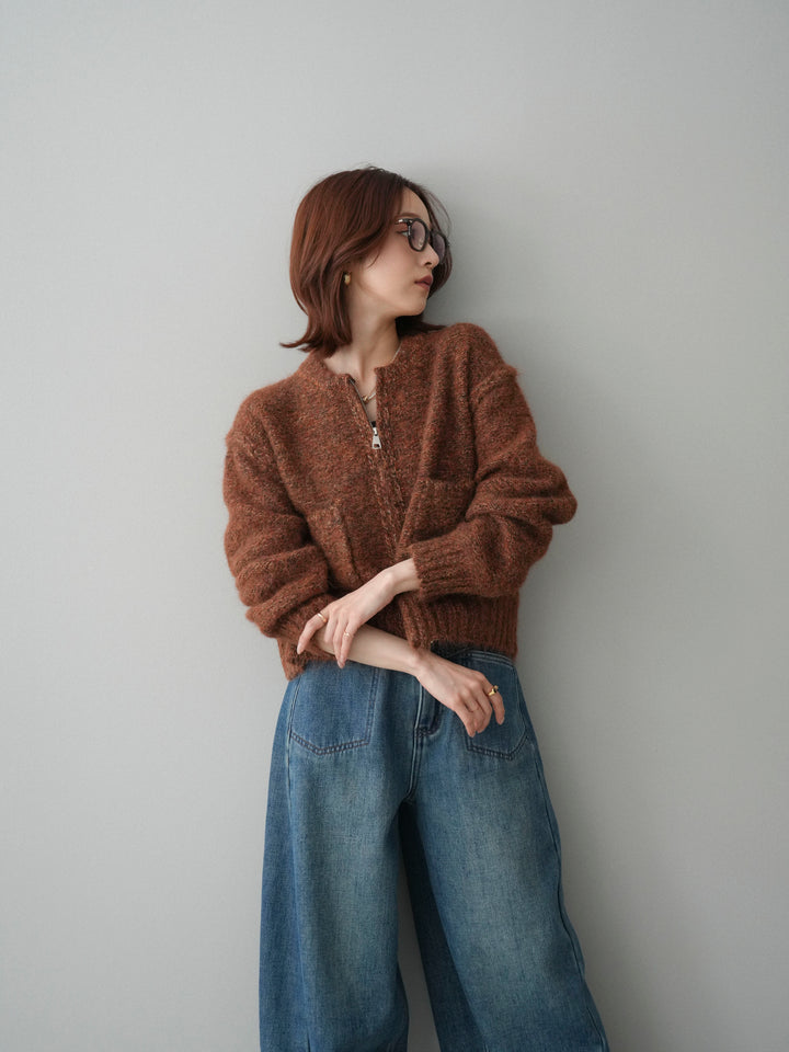 [SET]ミックスヤーンダブルZIPニットカーディガン+ベルト付裏起毛カーブデニムパンツ(2set)