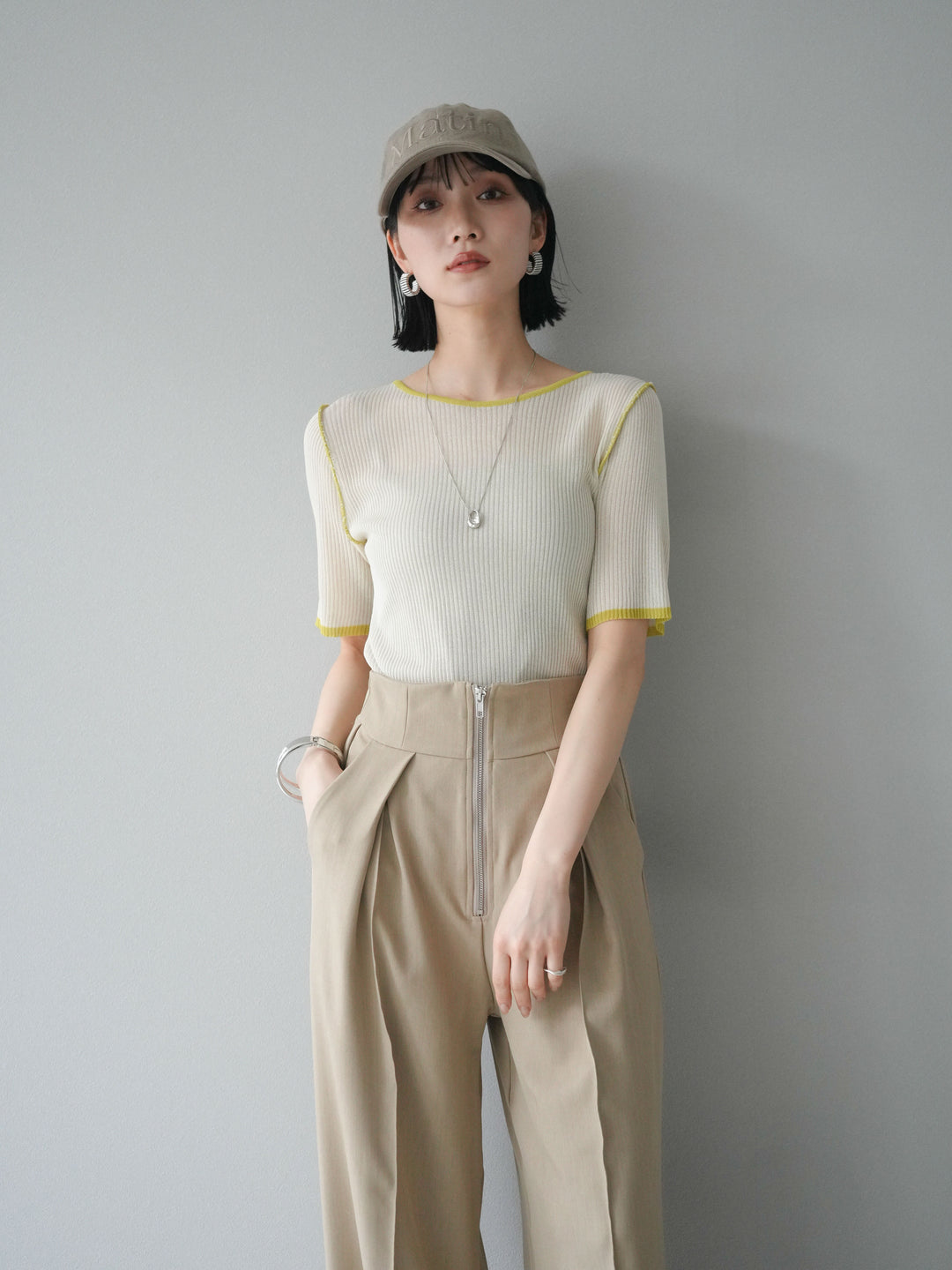 [予約]麻タッチ配色ニットハーフスリーブトップス/アイボリー