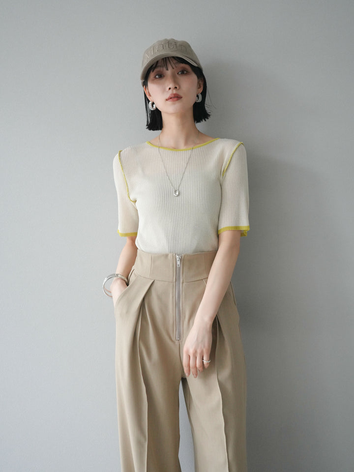 [予約]麻タッチ配色ニットハーフスリーブトップス/アイボリー