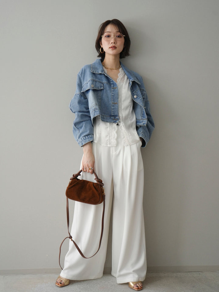 [SET]デニムショートシャツジャケット+ノースリサテンレースキャミソール+編み込みベルト付タックワイドパンツ(3set)