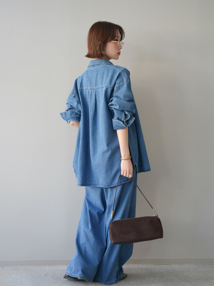 [SET]ポイントレザーオーバーデニムシャツ+ドロストワイドデニムパンツ(2set)