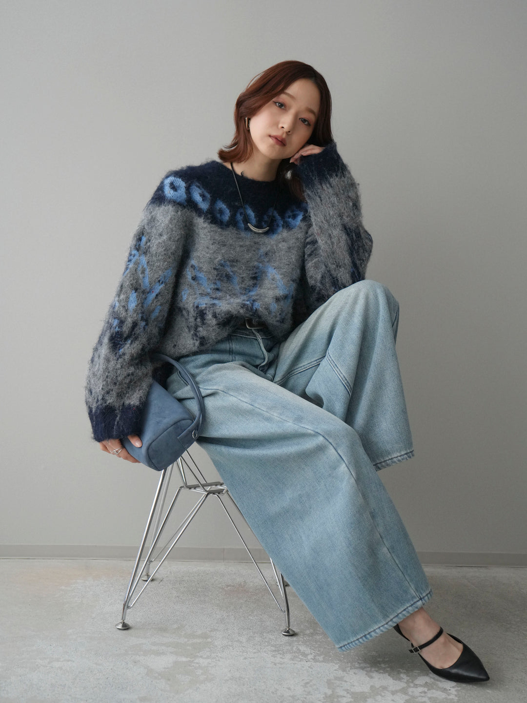 [SET]シャギーニュアンス柄ニットプルオーバー+ベルト付裏起毛カーブデニムパンツ(2set)