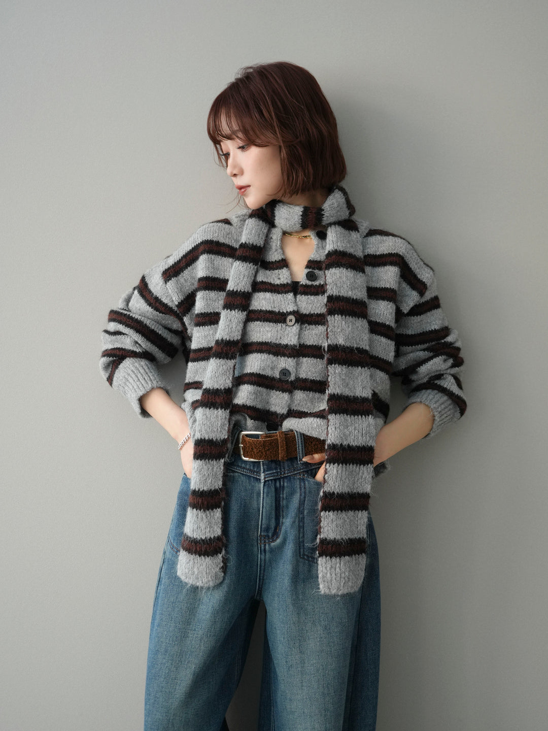 [SET]ボウタイ付きボーダーニットプルオーバー+ベルト付裏起毛カーブデニムパンツ(2set)