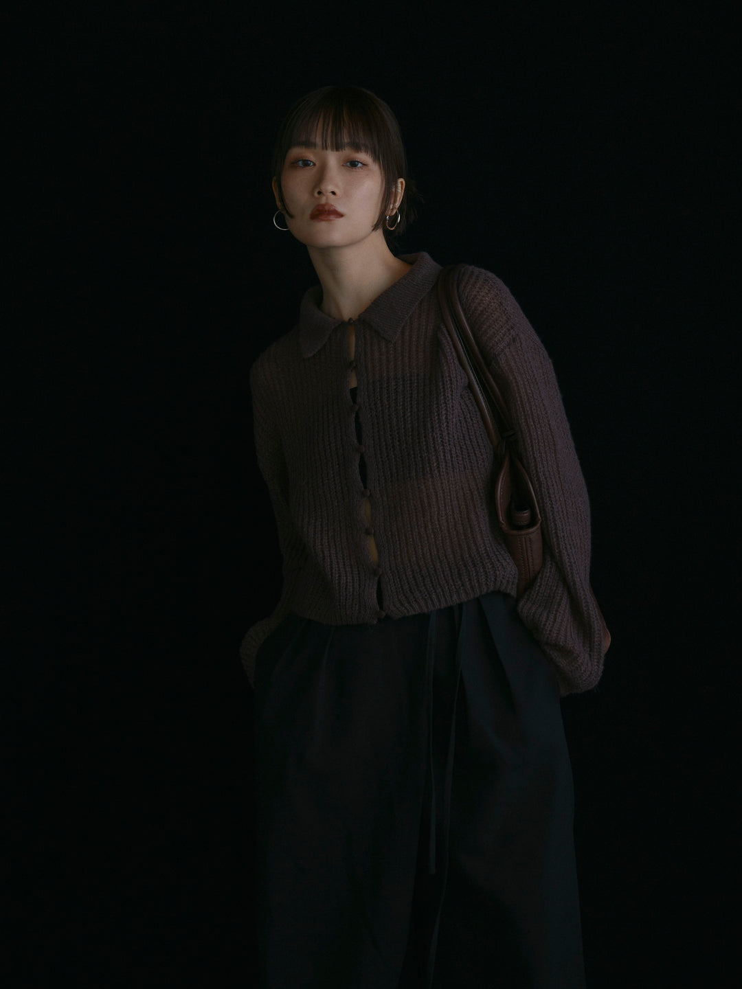 [予約]起毛片畦編みシアーポロニット/ブラウン