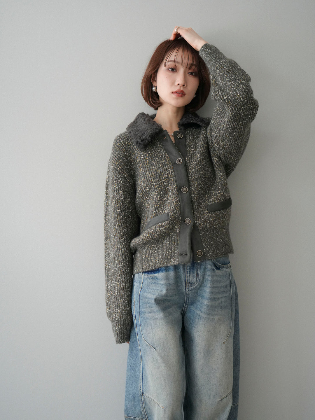 [SET]襟ボアミックスヤーンニットカーディガン+選べるアクセセット(2set)