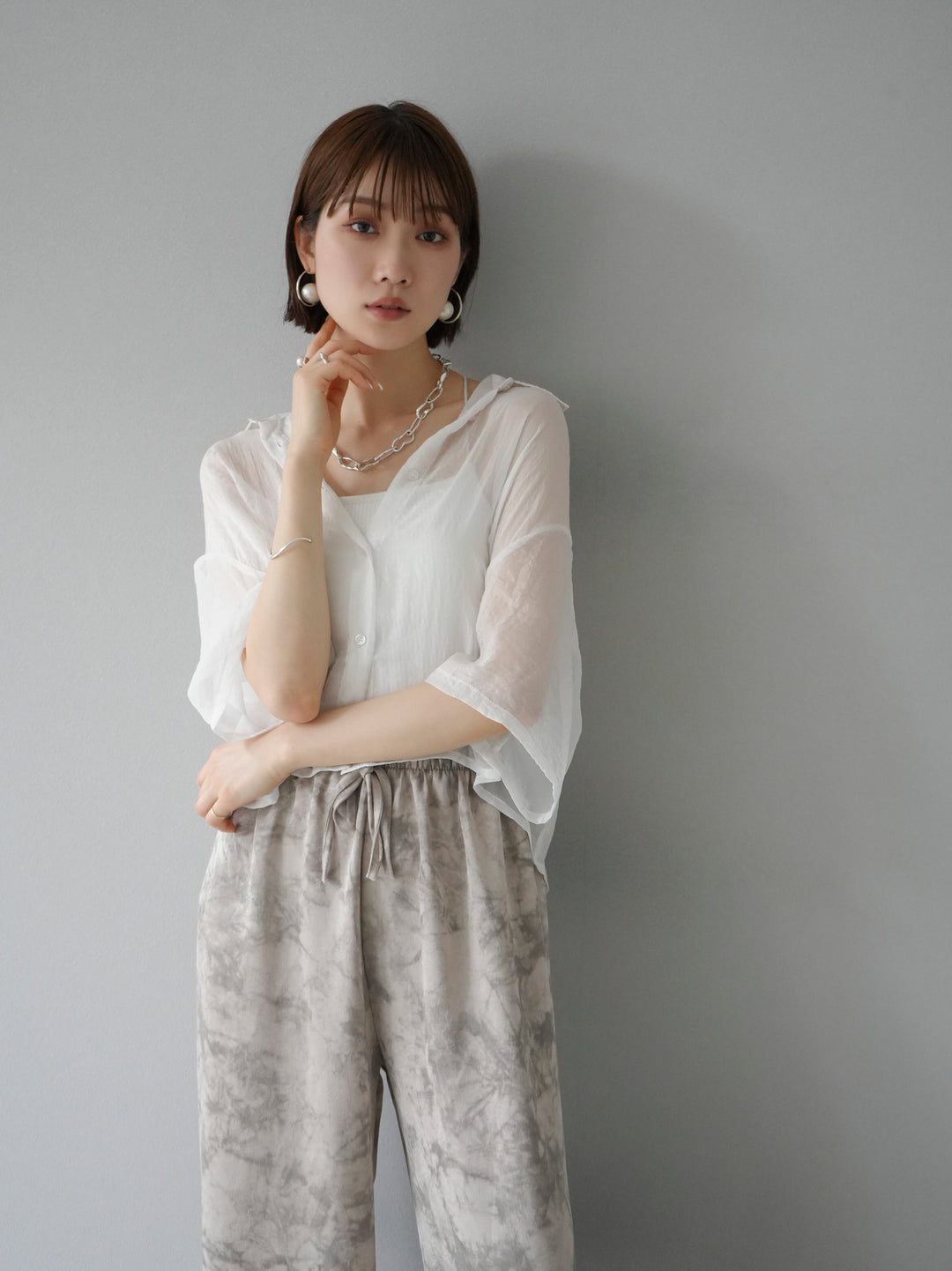 [SET] Lame washer sheer half shirt + double strap cut rib bra camisole + nuance print washer easy pants (3 sets)