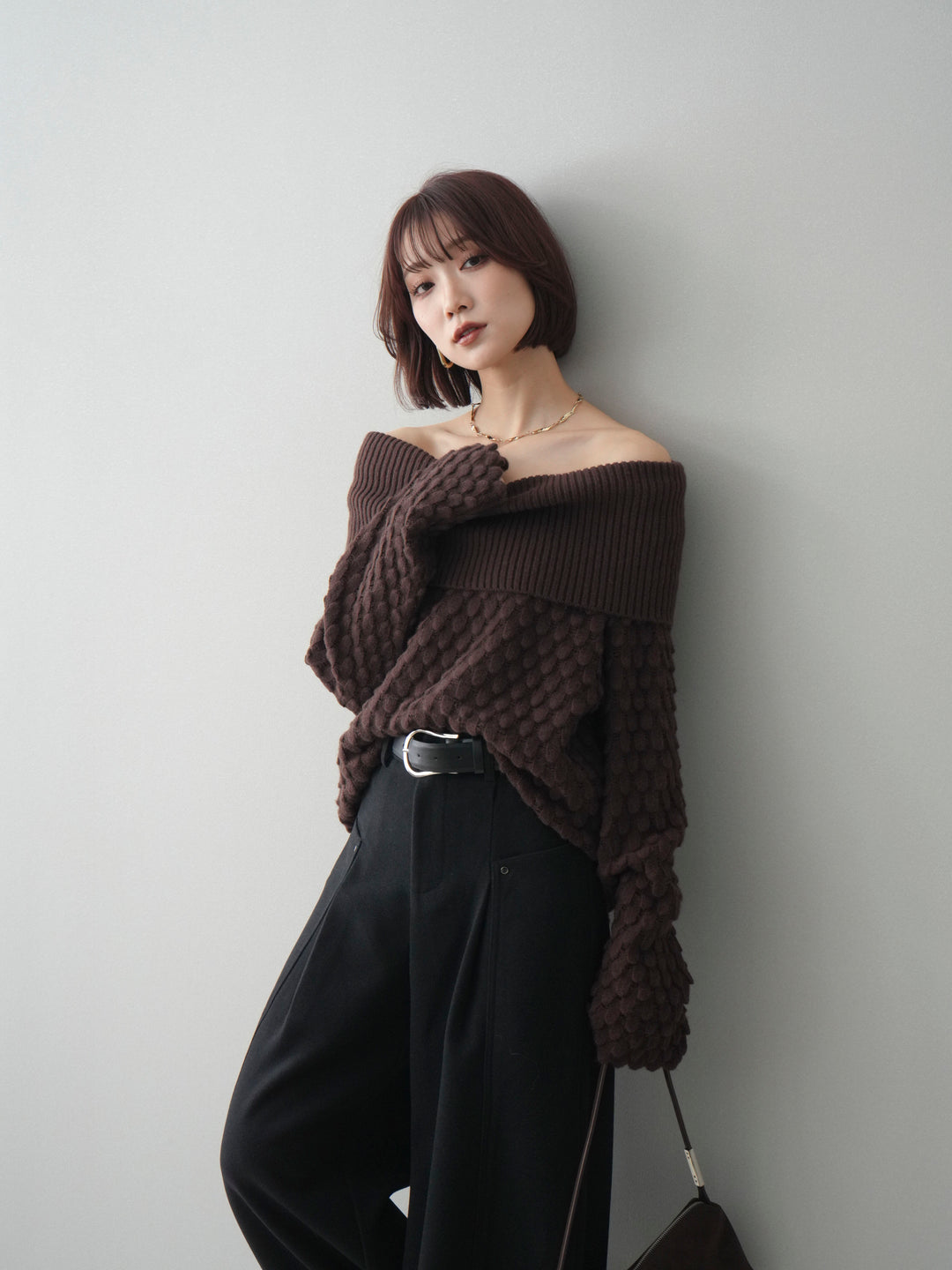 [予約]ポコポコ編みオフショルニットプルオーバー/brown