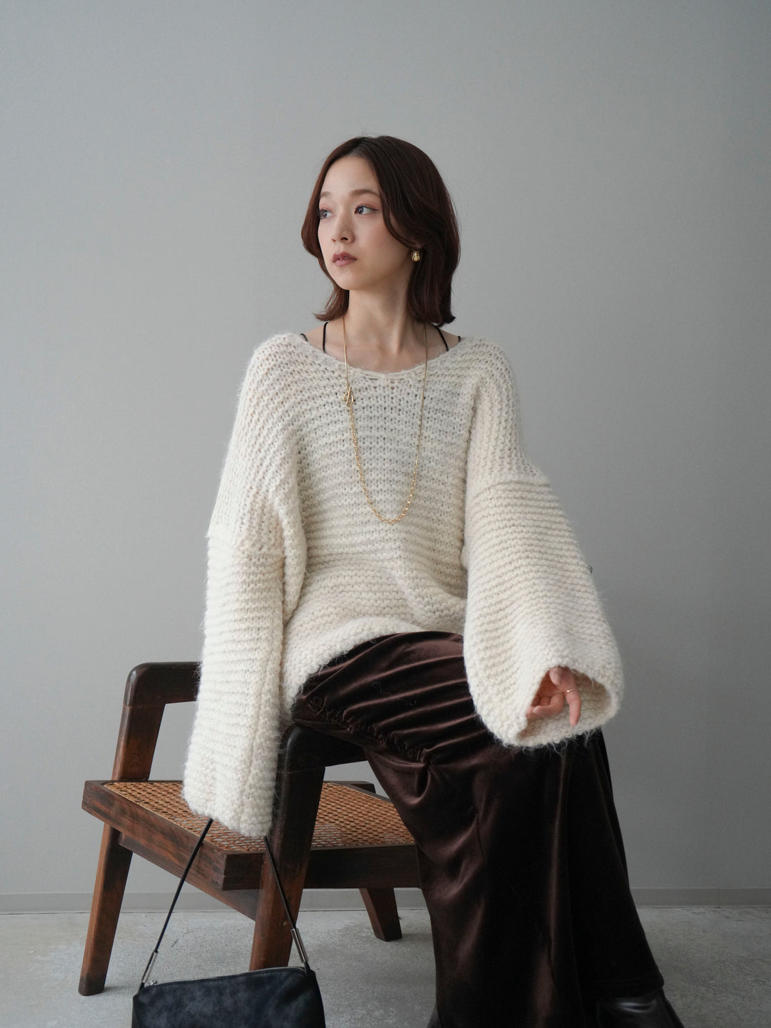 [SET]ワッフル編みシャギーニットプルオーバー+ギャザーベロアスカート(2set)