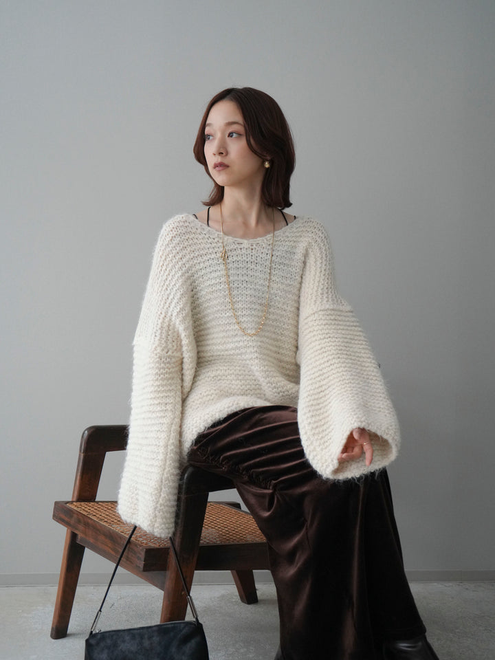 [SET]ワッフル編みシャギーニットプルオーバー+ギャザーベロアスカート(2set)