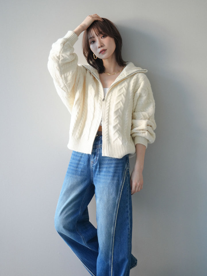 [SET]ケーブル編みハイネックZIPニットカーディガン+選べるアクセセット(2set)