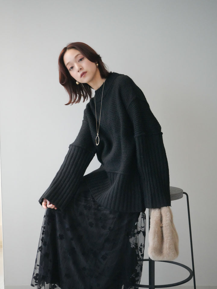 [SET]編み地切替ボトルネックニットプルオーバー+フラワーフロッキーチュールプリーツスカート(2set)