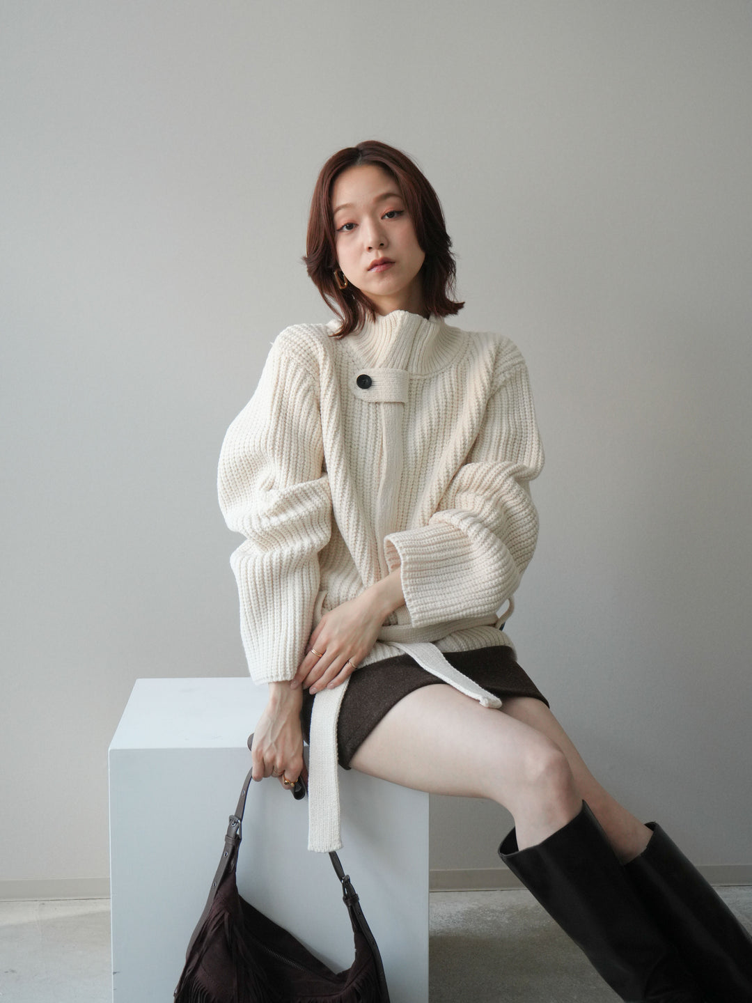 [SET]畦編みボトルネックZIPニットカーディガン+ウールタッチベルト付ミニスカート(2set)