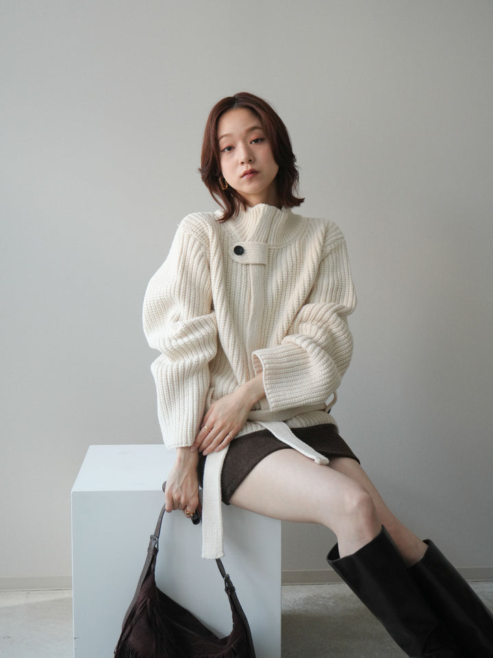 [SET]畦編みボトルネックZIPニットカーディガン+ウールタッチベルト付ミニスカート(2set)