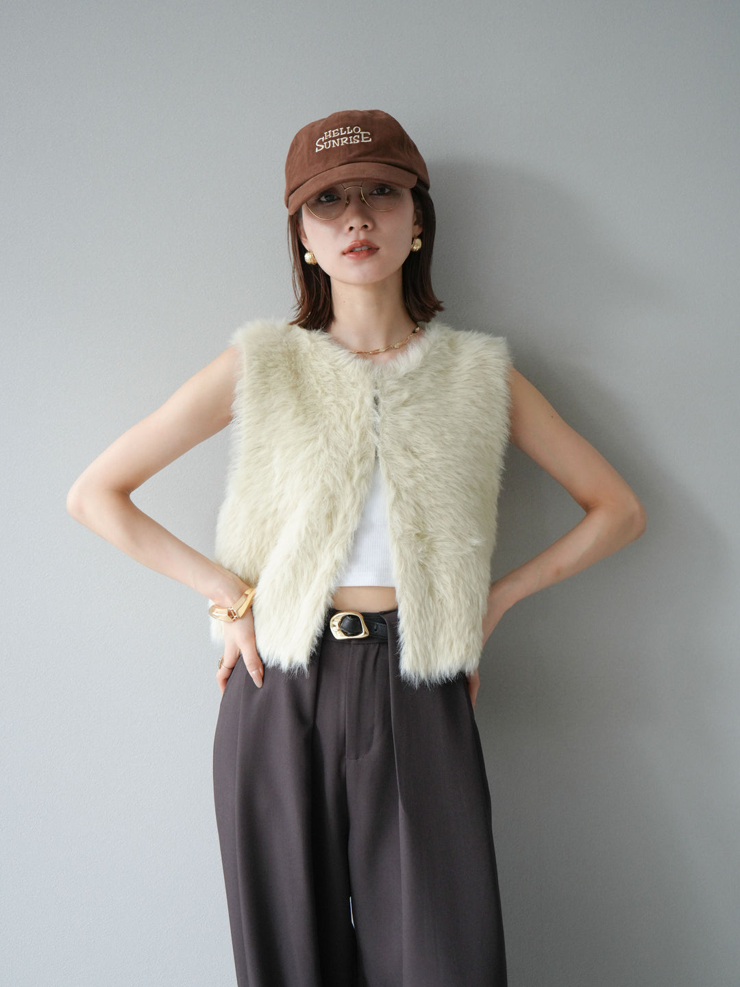 [予約]ミンクライク前後2WAYショートジレ/アイボリー