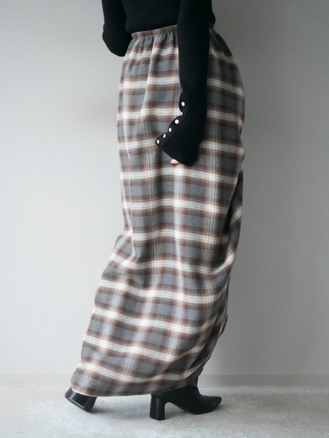 [予約]タックデザインチェックスカート/ブラウン