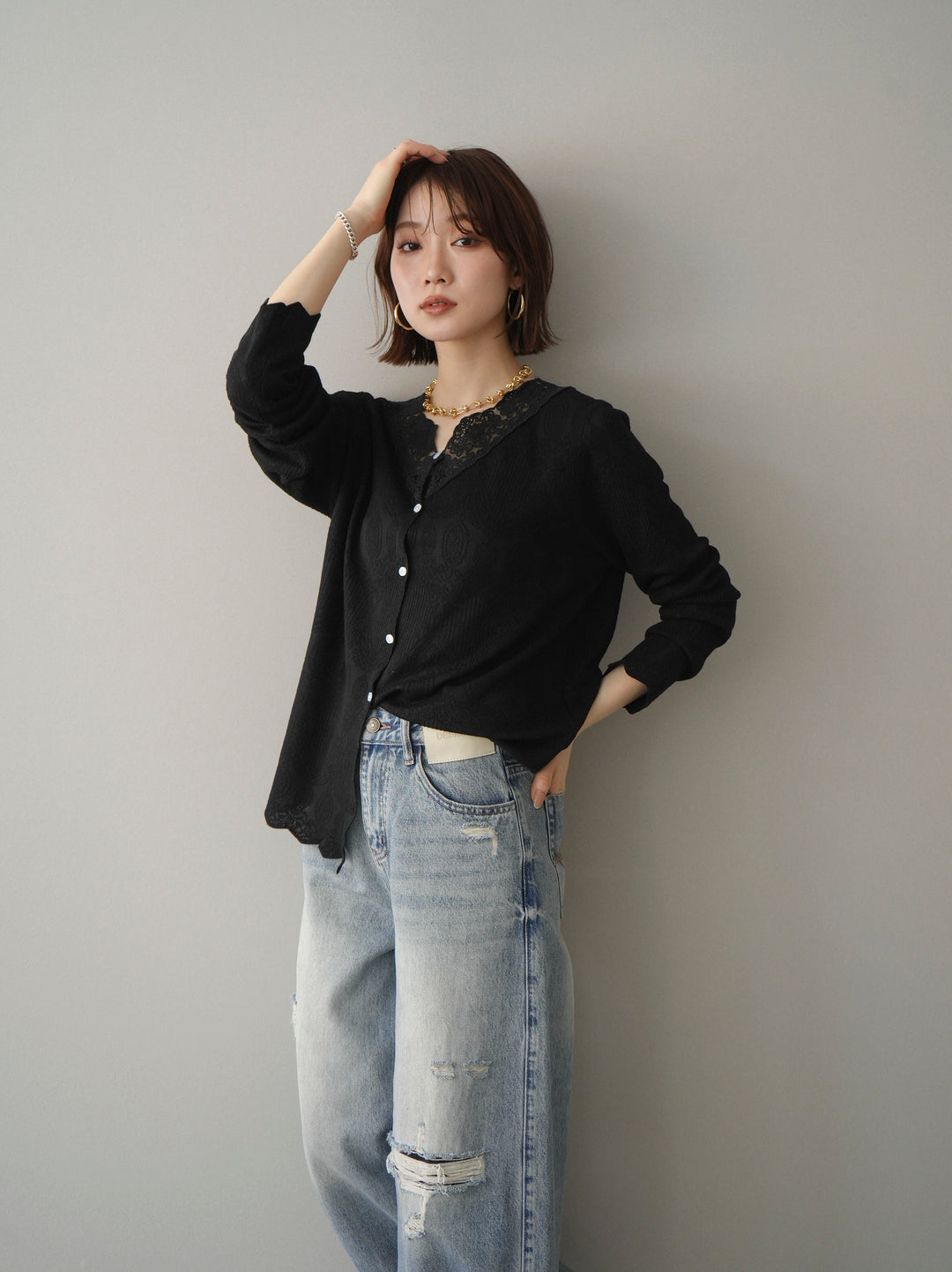 [SET]レースネックジャガードニットカーディガン+選べるアクセセット(2set)