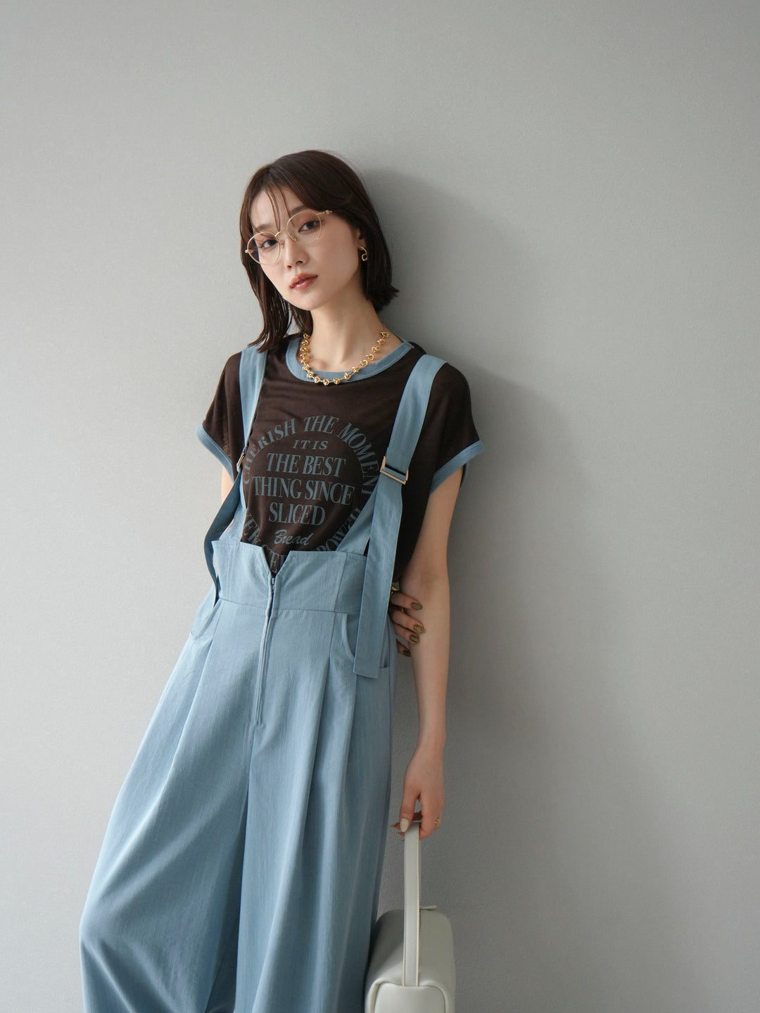 [SET]ストリングデザインハイウエストサロペット+シアーフライス ロゴプリントT (2set)