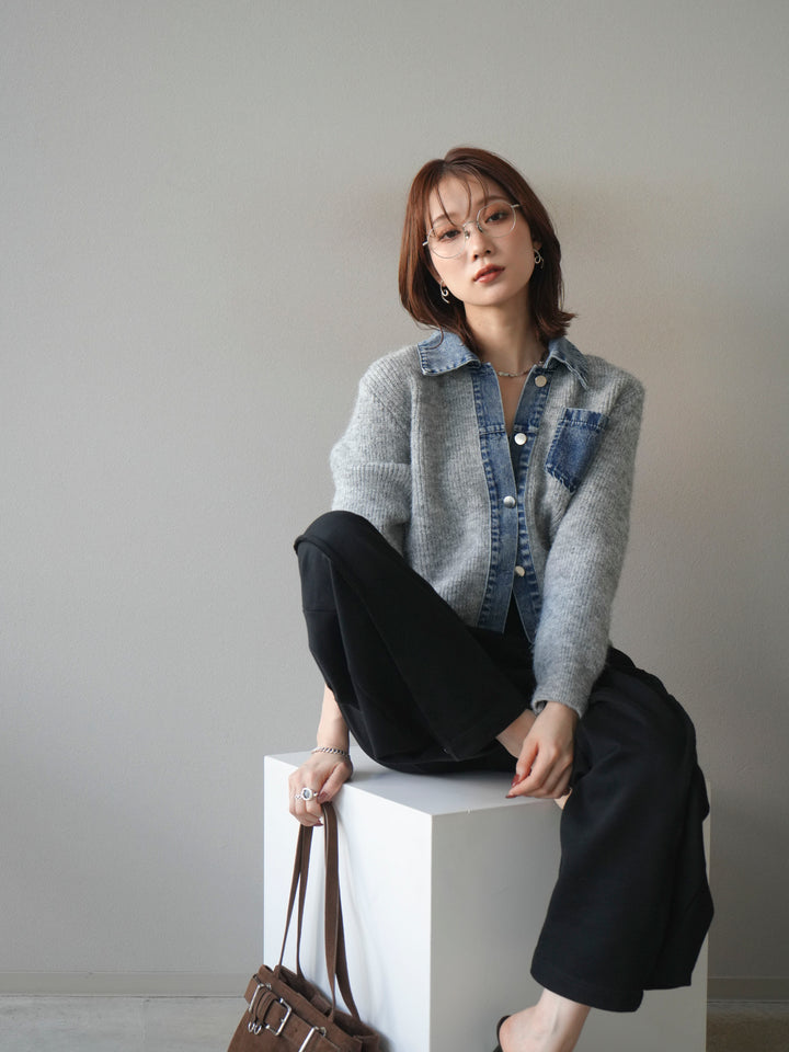 [予約]デニム襟ポケットニットカーディガン/gray