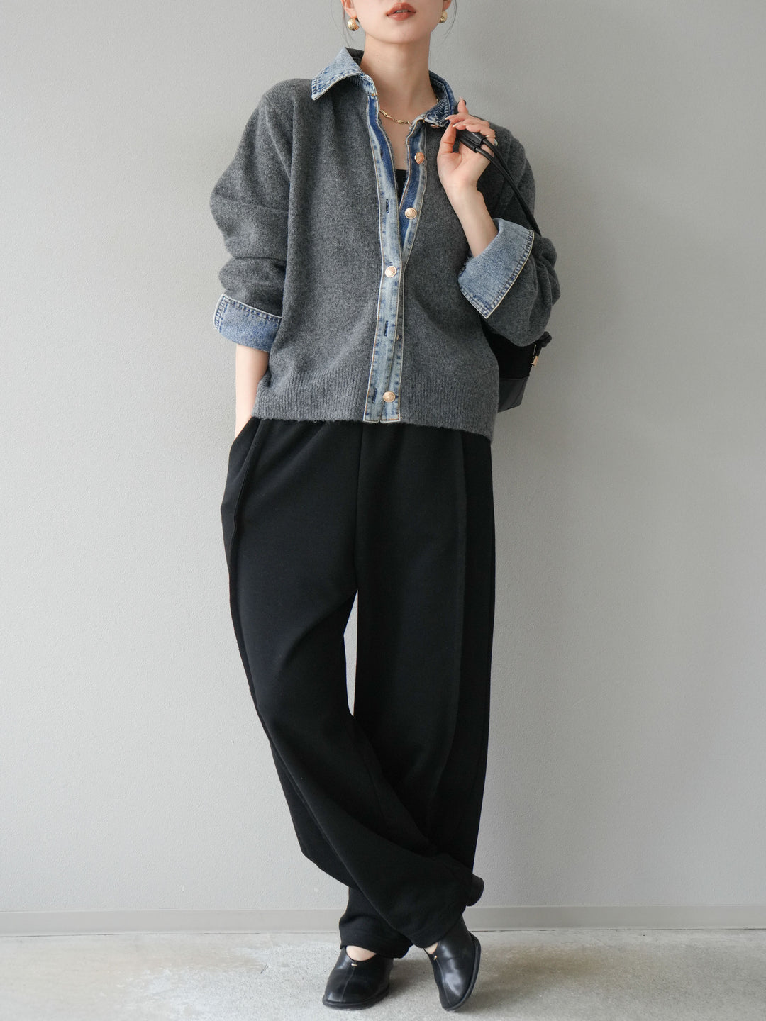 [SET]デニム襟ボタンニットカーディガン+2WAYデザインスウェットパンツ(2set)