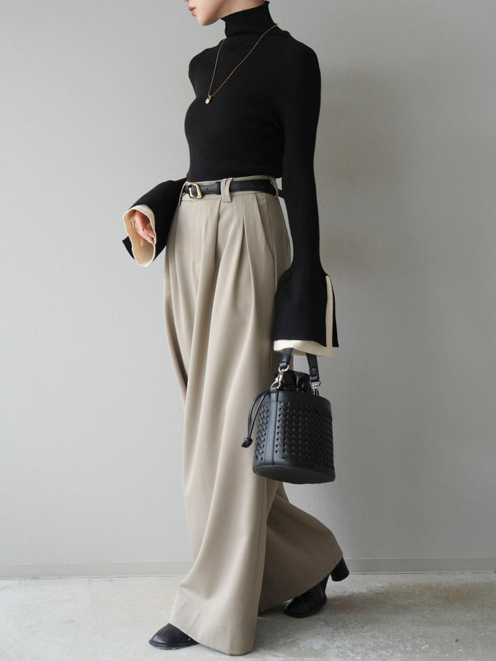 [SET] 疊層喇叭袖高領針織上衣 + 雙褶寬褲 (2 套)