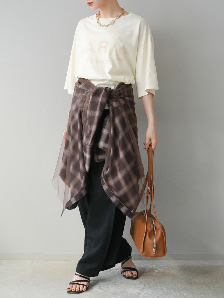 [SET]ピグメントロゴプリントTシャツ+2WAYデザインスウェットパンツ+チュールドッキングチェック柄オーバーサイズシャツ(3set)