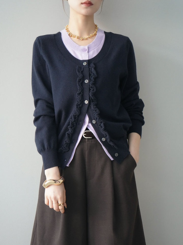 [予約]配色レイヤードフリルデザインニットカーディガン/black