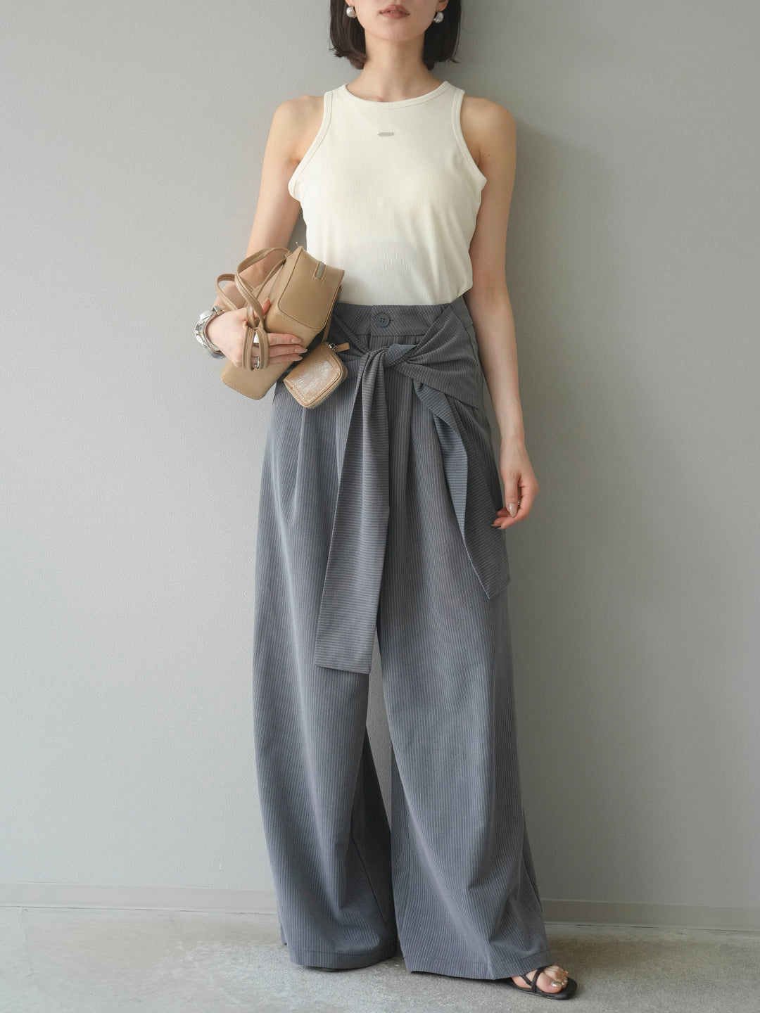 【預購】條紋裹腰寬褲/灰色
