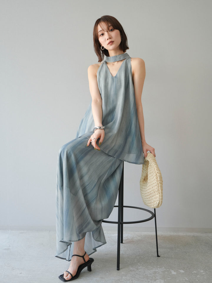 [SET] 細膩花紋V領襯衫＆喇叭裙（2套）