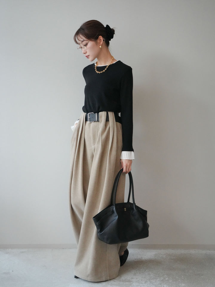 [SET]袖プリーツ配色レイヤードトップス+ベルトデザインループコールテンワイドパンツ(ベルト付き)(2set)