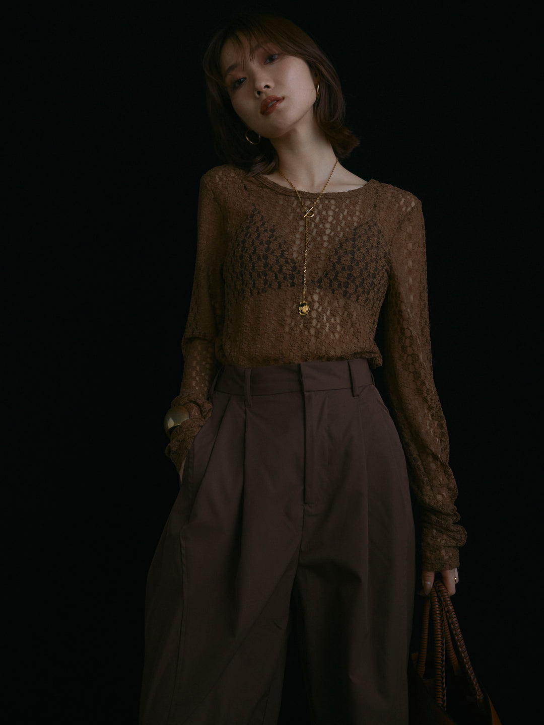 【Allure】[SET]バックラウンドレーストップス+タフタワイドカーブパンツ(2set)