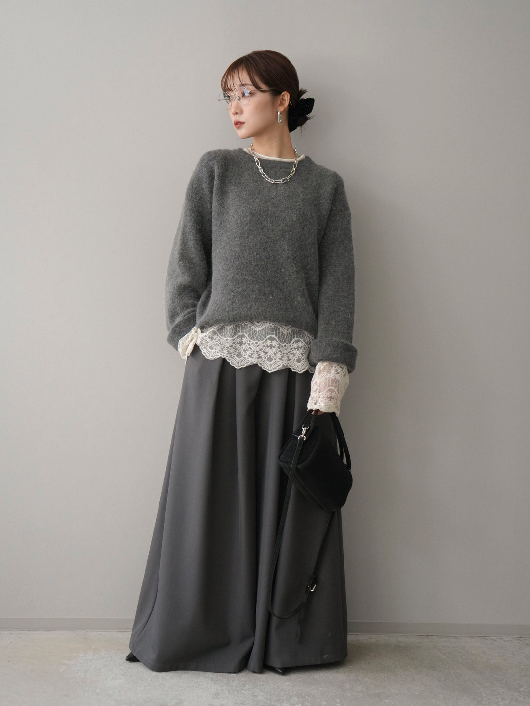 [SET]アンゴラタッチクルーネックニットプルオーバー+チュールレーストップス+テープベルトタックバギーパンツ(3set)