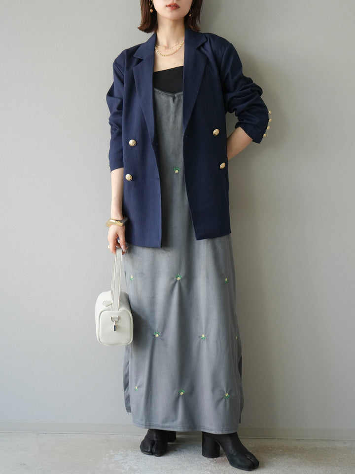 [予約]フラワー刺繍ベロアキャミワンピース/グレー