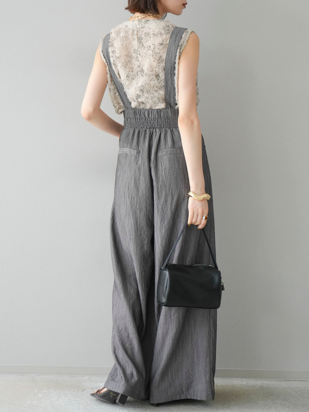 [予約]ストリングデザインハイウエストサロペット/チャコール