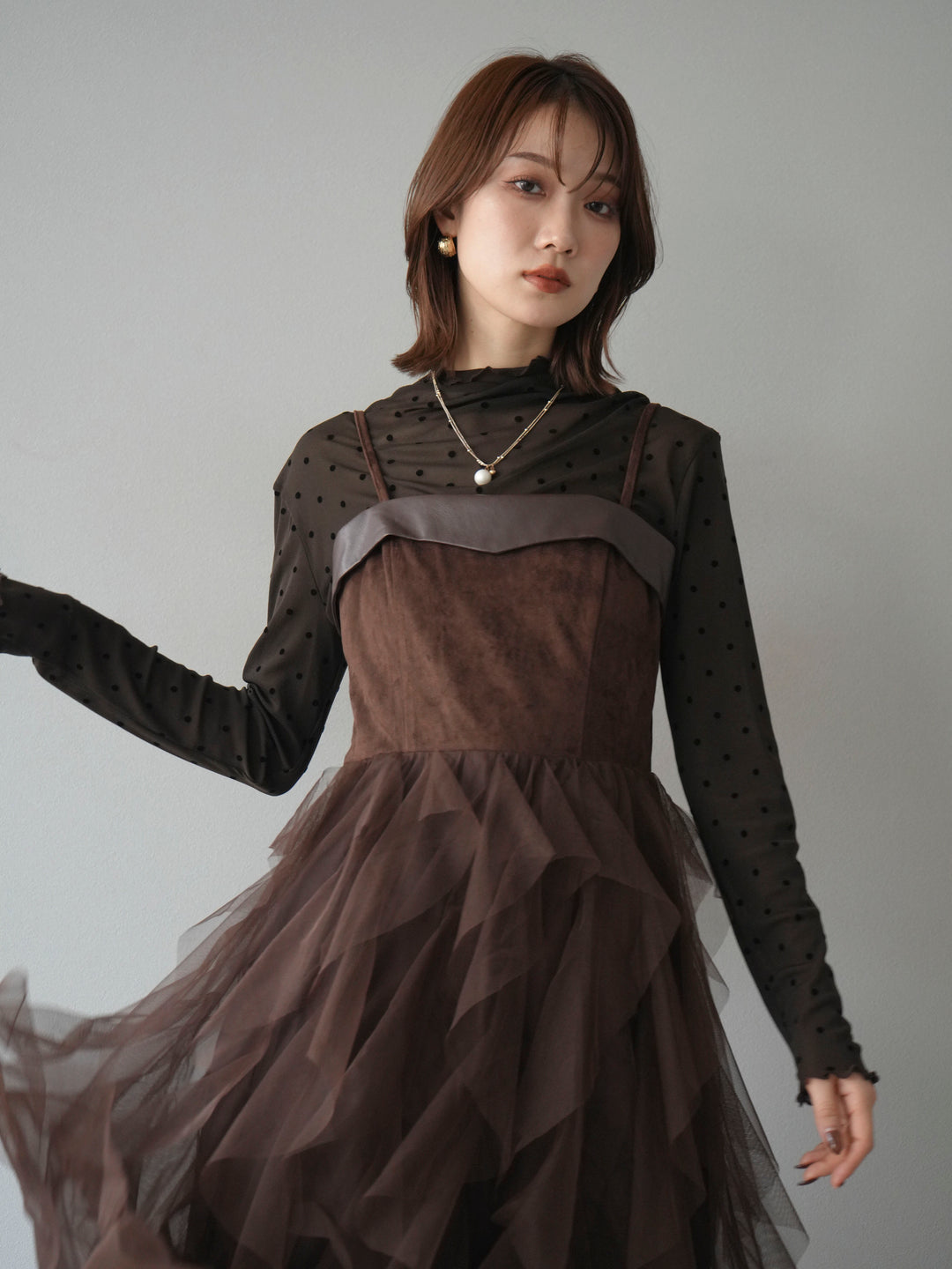 [予約]レザー切替チュールラッフルワンピース/brown