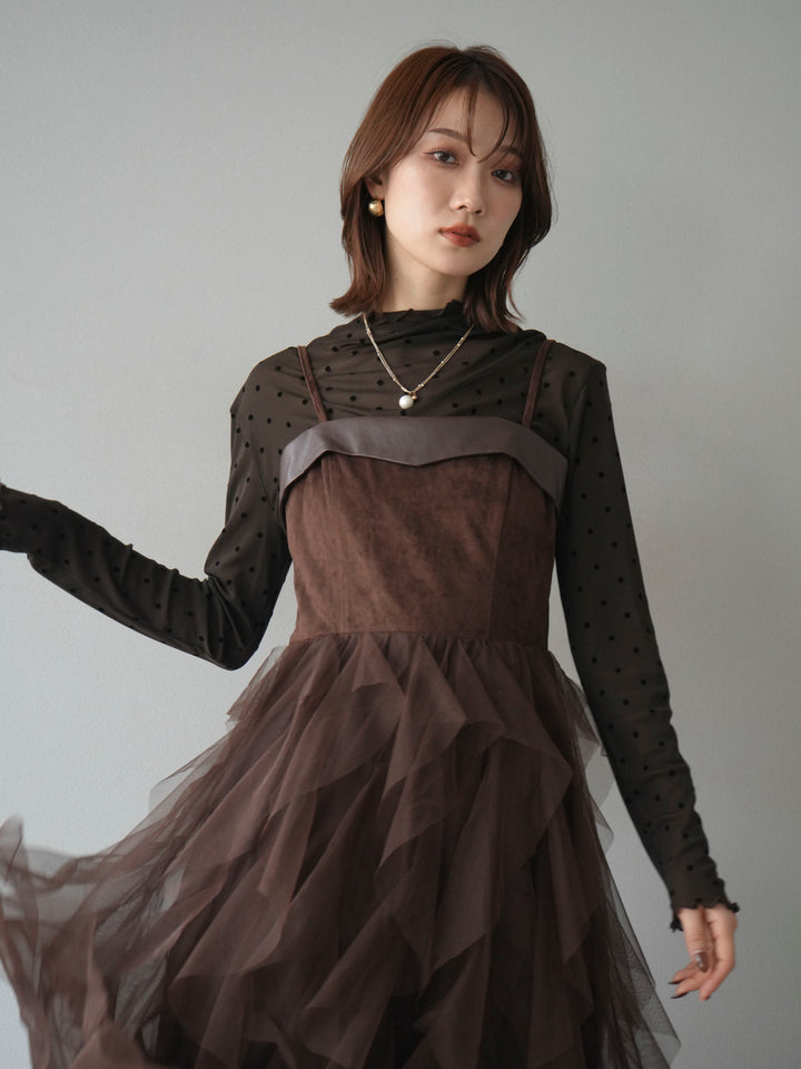 [予約]レザー切替チュールラッフルワンピース/brown