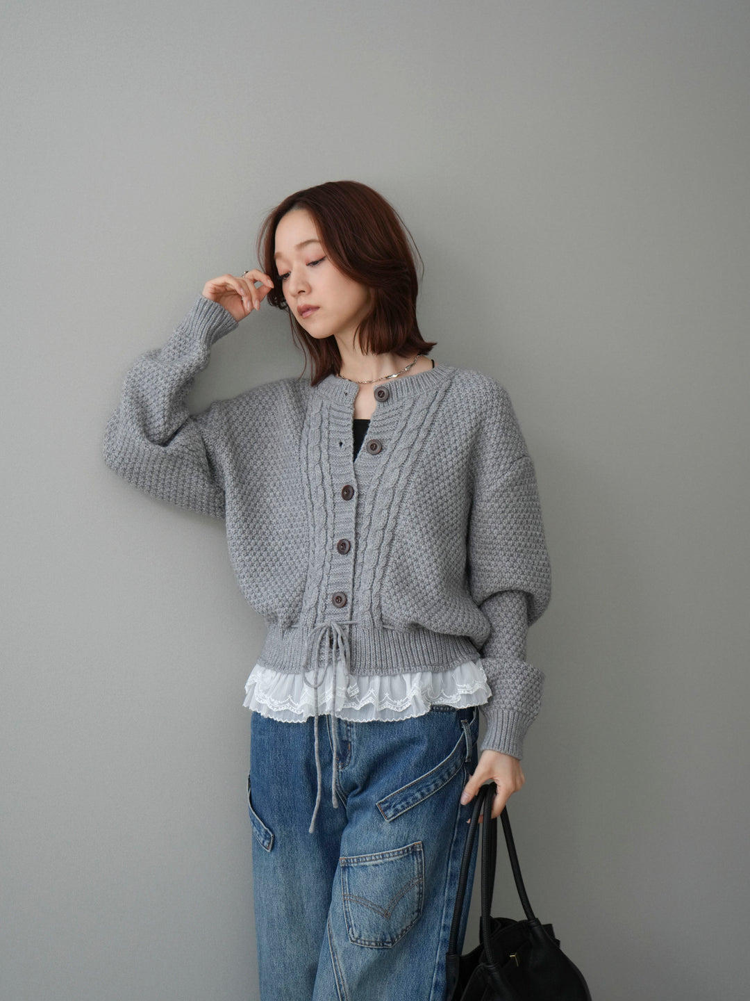 [SET]裾レースケーブルニットカーディガン+ペインターカーブデニムパンツ(2set)