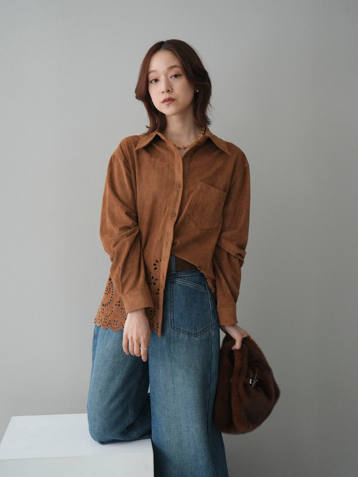 [SET]裾スカラップスエードシャツ+ベルト付裏起毛カーブデニムパンツ(2set)